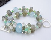 Aquamarine & Labradorite silver bracelet,  Grey, mint green and aqua blue gemstone and sterling silver