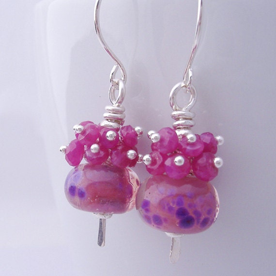 Pink Sapphire, Lampwork Glass and Sterling Silver Dangle Earrings