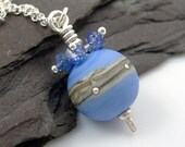 Periwinkle Blue Lampwork Glass, Sapphire Gemstone and Sterling Silver Pendant Necklace