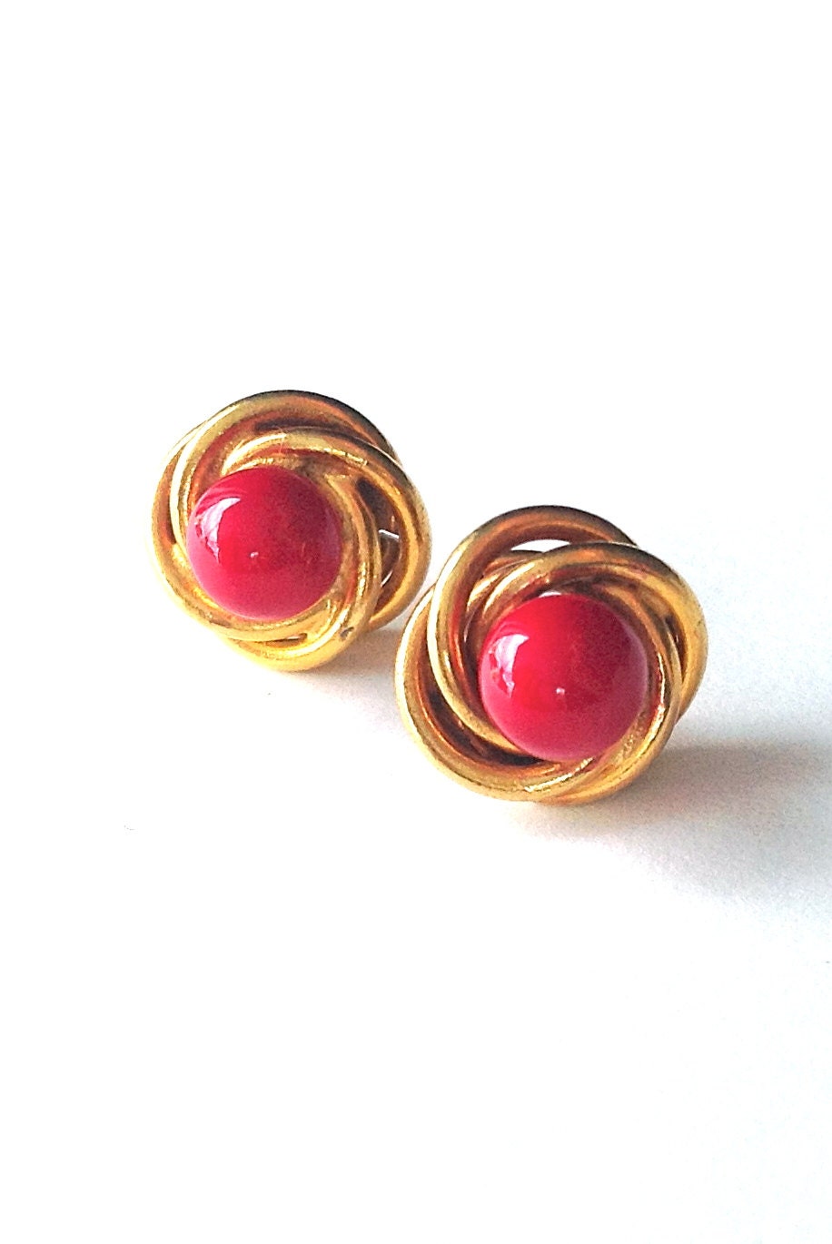 Brass Love Knot Stud Earrings Enameled in Pink Watermelon Color