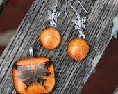 Butterfly Tangerine Orange Dichroic Pendant and Earrings Set - Fused Glass