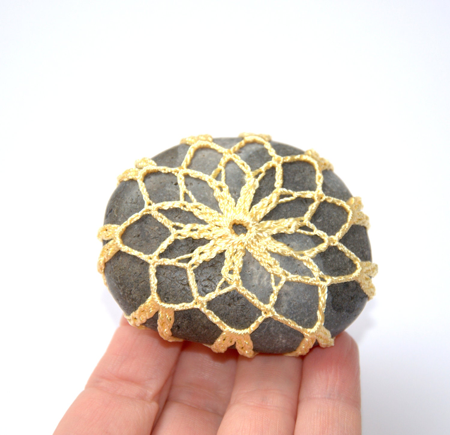 Wedding favor lace stone pebble large beach Yellow gray decor crochet handmade Birthday home decor gift for her table decoration