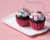 Cupcake Earrings -  Hot Pink, Chocolate Cake, Sugar Icing and Rainbow Sprinkles - Cupcake Collection