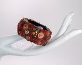 Red Bracelet Cuff studded with vintage buttons, gold beads, blingy bits - Red Accessory OOAK