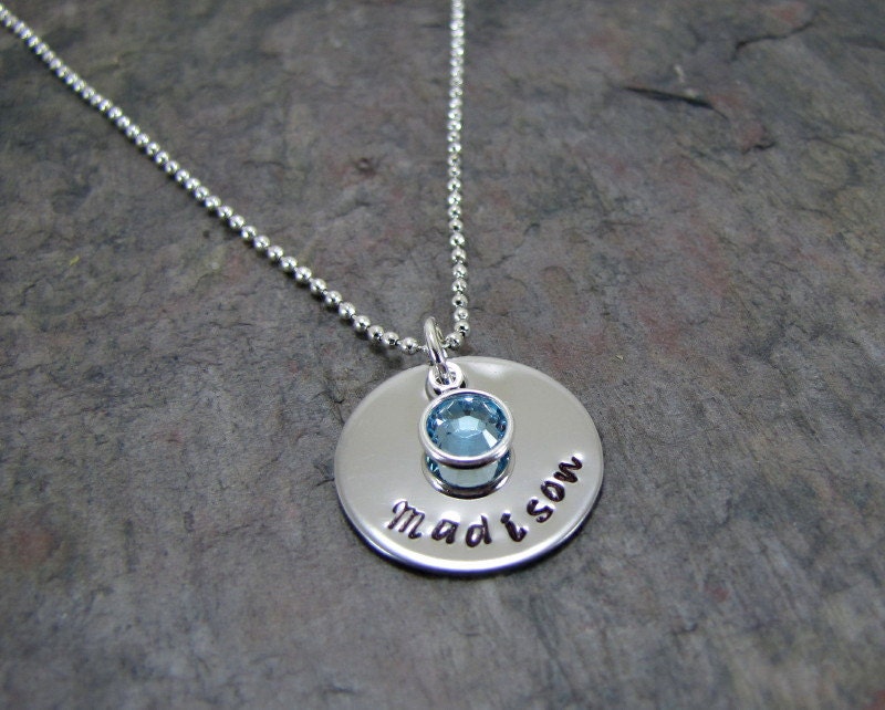 Personalized Name Necklace Custom  Handstamped Tag Disk Children Names Birthstone Charms Jewelry