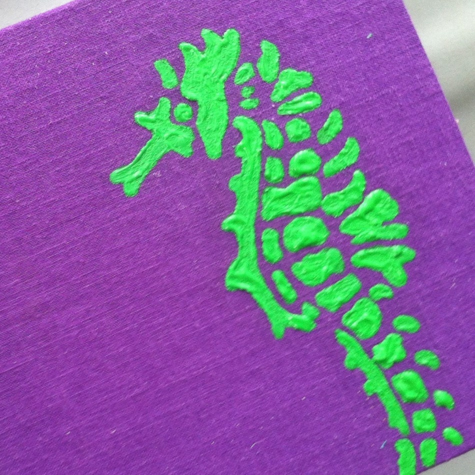 Painting - Green Seahorse on Purple Linen - 6 inch