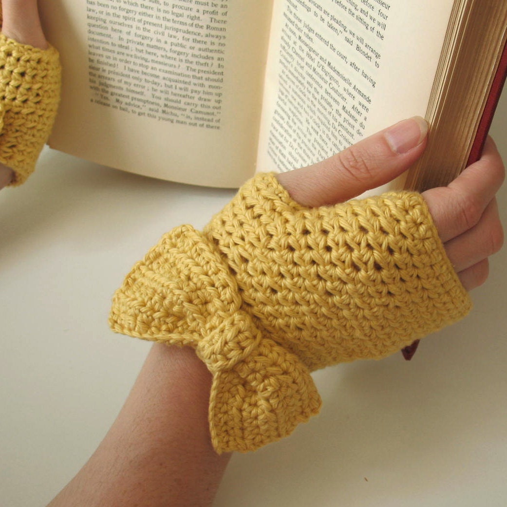 Hand Crocheted Women's Cotton Fingerless Gloves - Buttercup Yellow with Bows - Ready to Ship