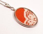 Orange pendant necklace. Cotton with vintage lace. Autumn / Fall / Halloween necklace with plated cable chain.