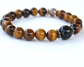 Tigereye Wrist Mala Bead Bracelet with Obsidian & Smoky Quartz - Buddhist Wrist Prayer Beads - Strength and Mental Clarity Yoga Bracelet
