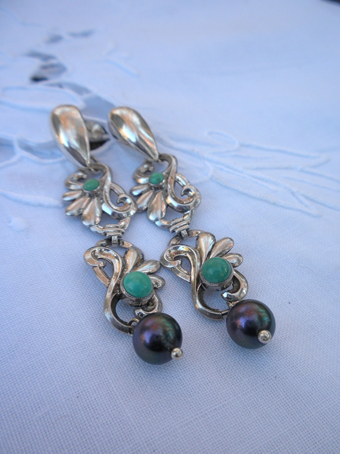 Stunning Sterling Silver, Turquoise & Pearl Earrings 1950s