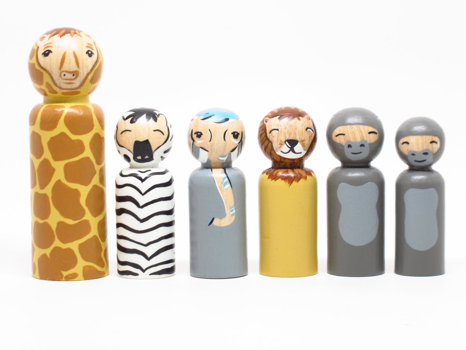 Zoo Animals - Wooden Peg Dolls - Toddler Gift - Hand Painted Wooden Toys by Goose Grease