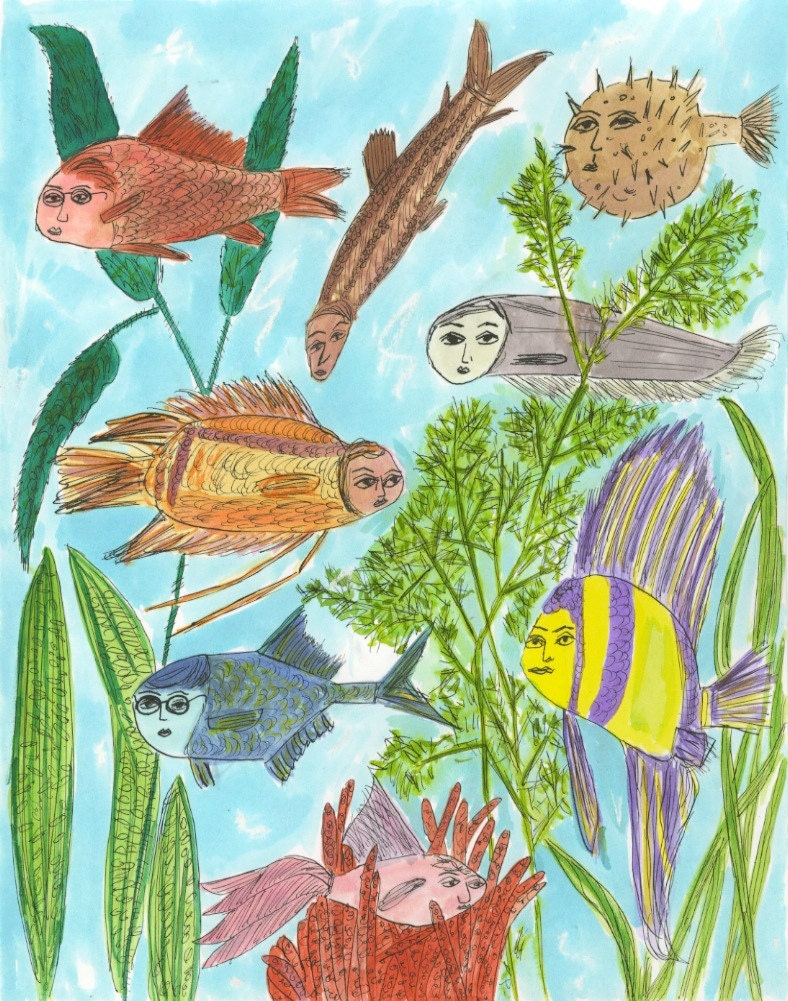 Graduates from the 1928 class of L'ecole des poissons. Original watercolor painting by Vivienne Strauss.