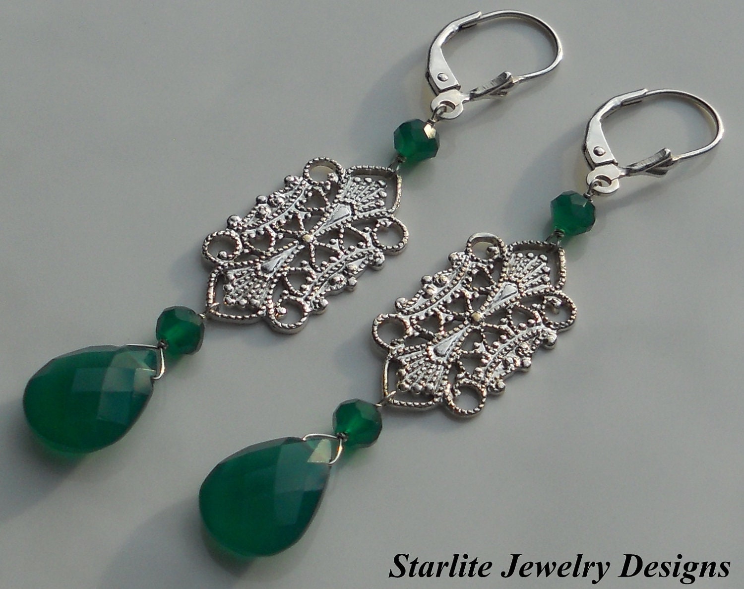 Green Onxy Briolette Drop Earrings - Accented with Vintage Filigree