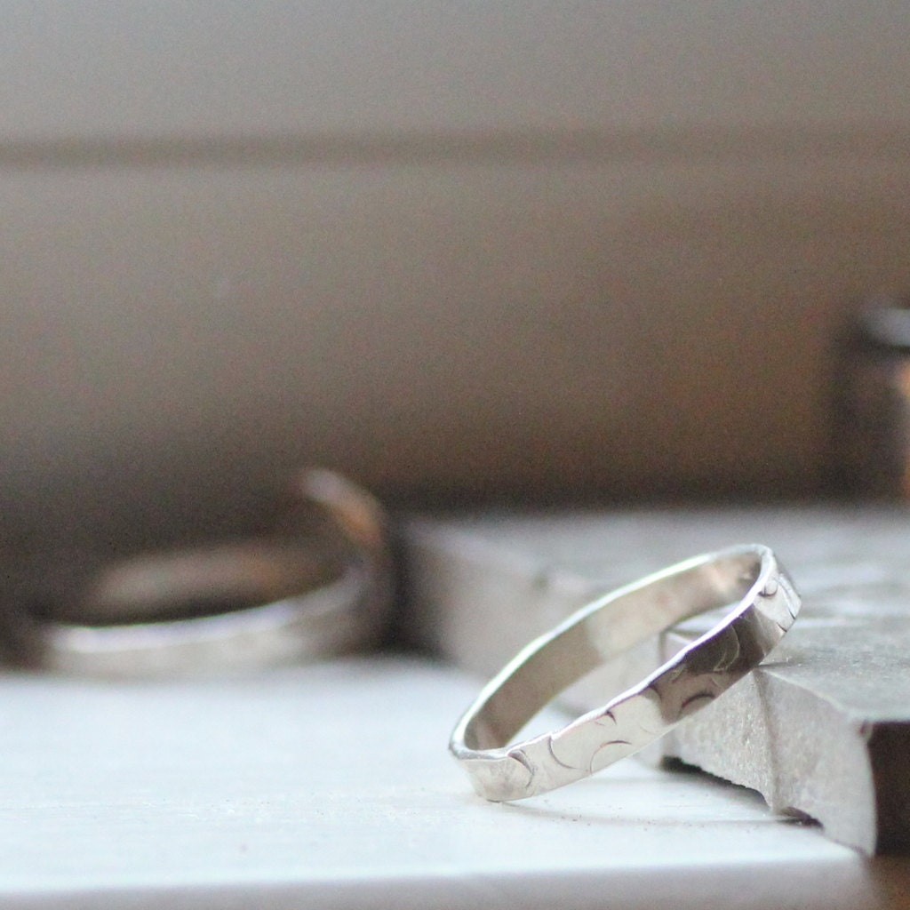 Rustic Wedding Band - 14k White Gold in a Unique Hammered Pattern