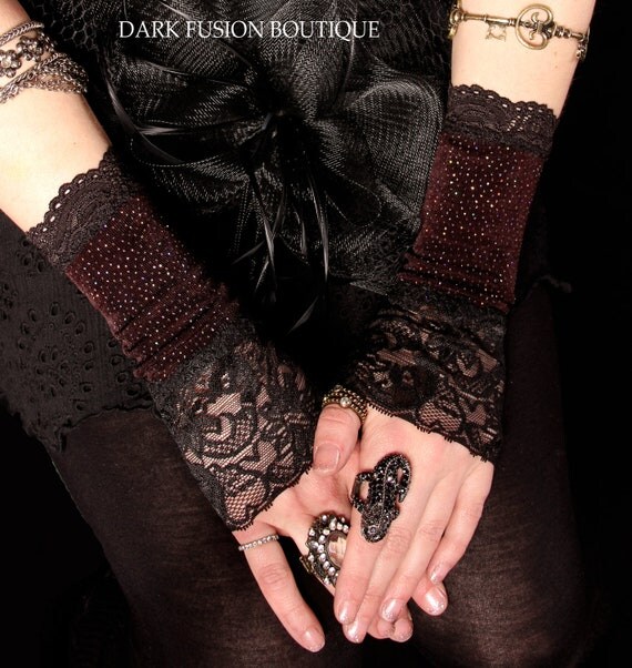 Armwarmers,  Dark Brown, Black with Glitter, Gauntlets, Arm Warmers,Tribal, Circus, Gothic