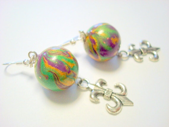 Mardi Gras Purple, Gold, and Green with Silver Fleur De Lis Earrings