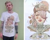 MENS T-Shirt, Tattooed Cat Girl Scooped Neck, White T-Shirt, S/M/L/XL