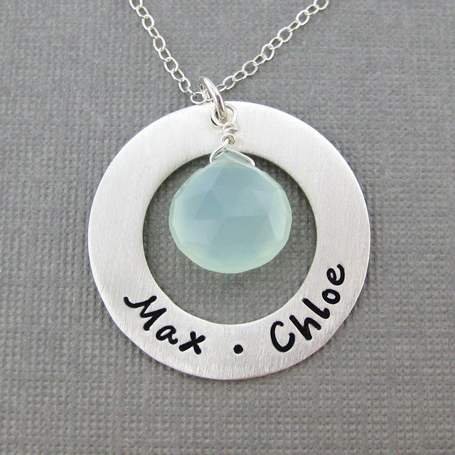 Hand Stamped Mommy Necklace - Circle of Love - Personalized Sterling Silver Necklace with sea foam green chalcedony (NN056)
