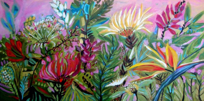 Original Large Flower Bohemian Abstract Painting 48x24x1.5 Deep Gallery Wrap Canvas