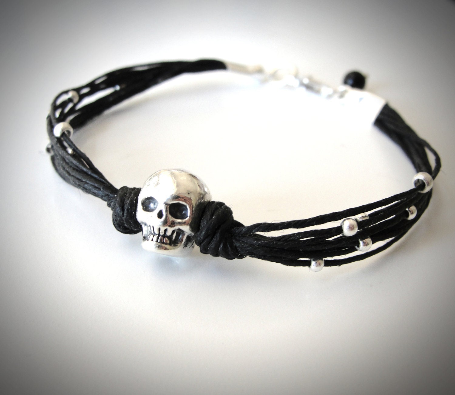 Sterling Skull and Black Linen Bracelet