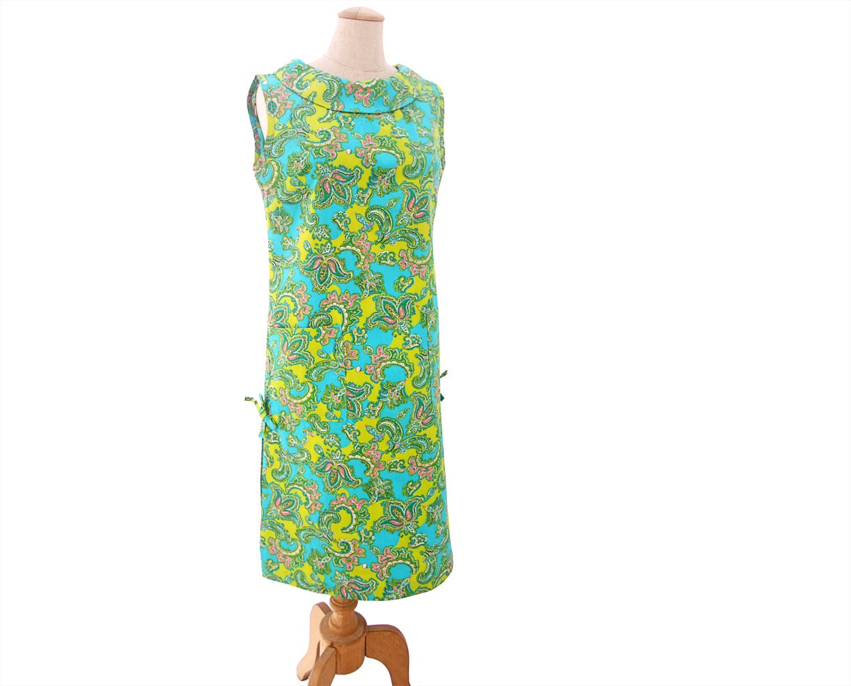NOS Vintage 60s Shift Dress Paisley Print Blue Green Pink NWT