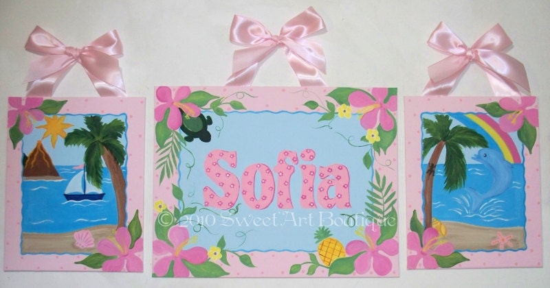 Hawaiian tropical hibiscus dolphin beach sea custom name sign wall art HAND PAINTED girl 3 pc set