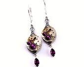 Steampunk Earrings - Vintage Clockwork & Amethyst Purple Swarovski Crystals Promptly Shipped - Steampunk Jewelry