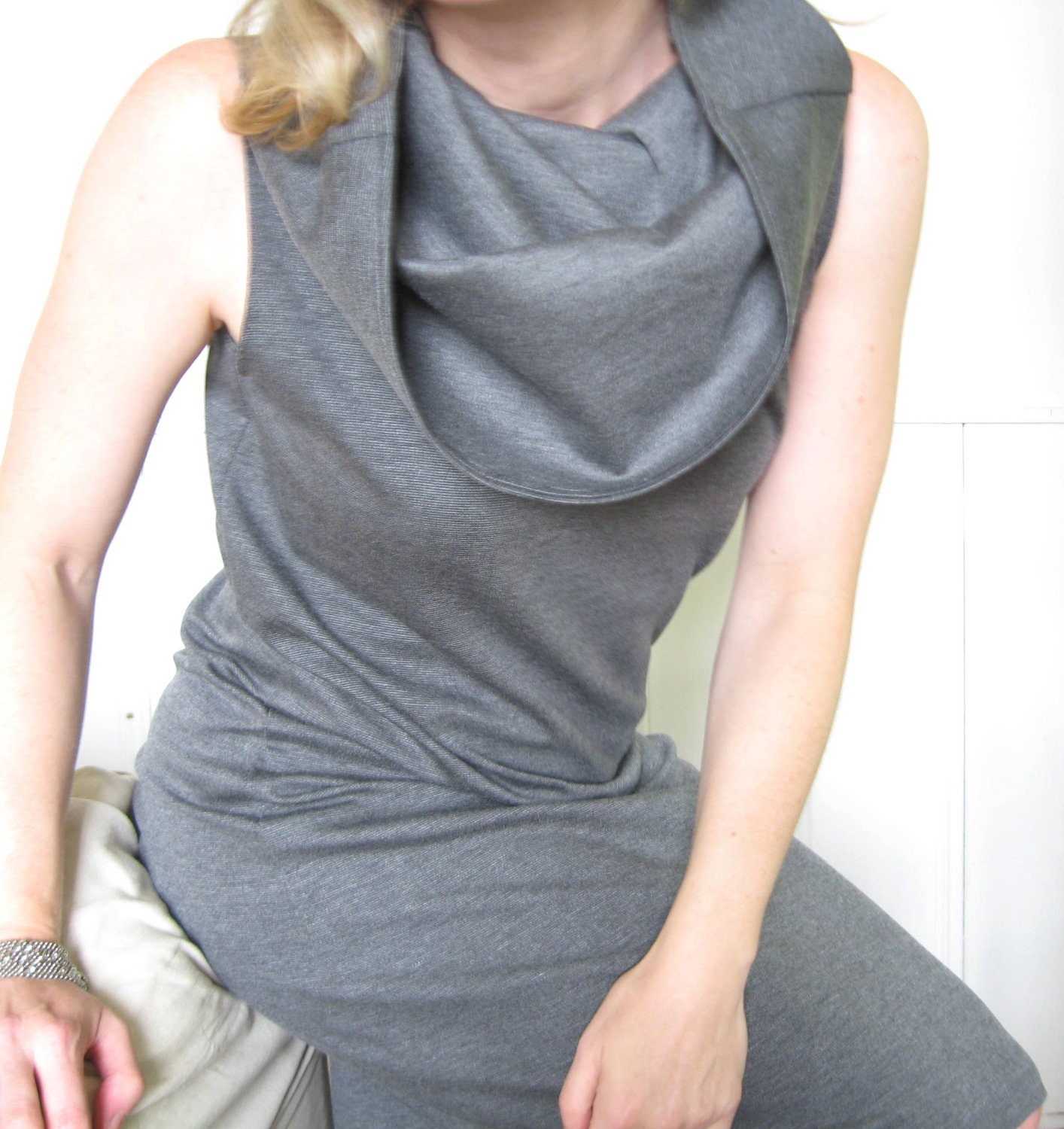 funnel neck dress gray knit for women custom made to fit you - betsybdesign