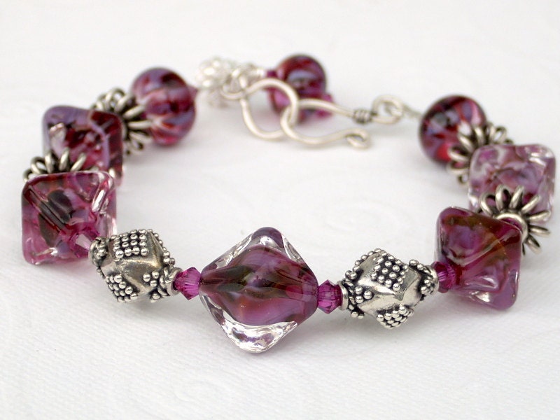 Lampwork Bead Swarovski Crystal Sterling Silver Bracelet