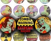 ZoMBIE GIRLS - Digital Printable Collage Sheet - Retro Undead Pin-Ups, Zombiepocalypse, Halloween, 1" Circle, 25 mm Round, Instant Download