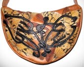 Handmade Crescent Bag in tan leather with snakeskin embossed appliqued Lilies
