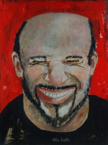 8x10 print Bald man with beard laughing hysterically, red background - Never Hurts to Laugh