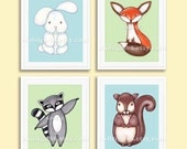 Baby nursery art print, nursery decor, woodland animal art, baby art print, raccoon art, bunny, fox, squirrel, SET 8x10 FREE SHIPPING