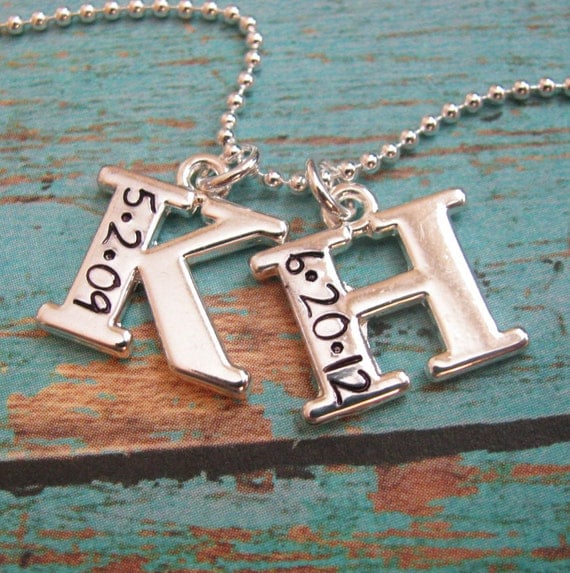 hand stamped double initial with date necklace