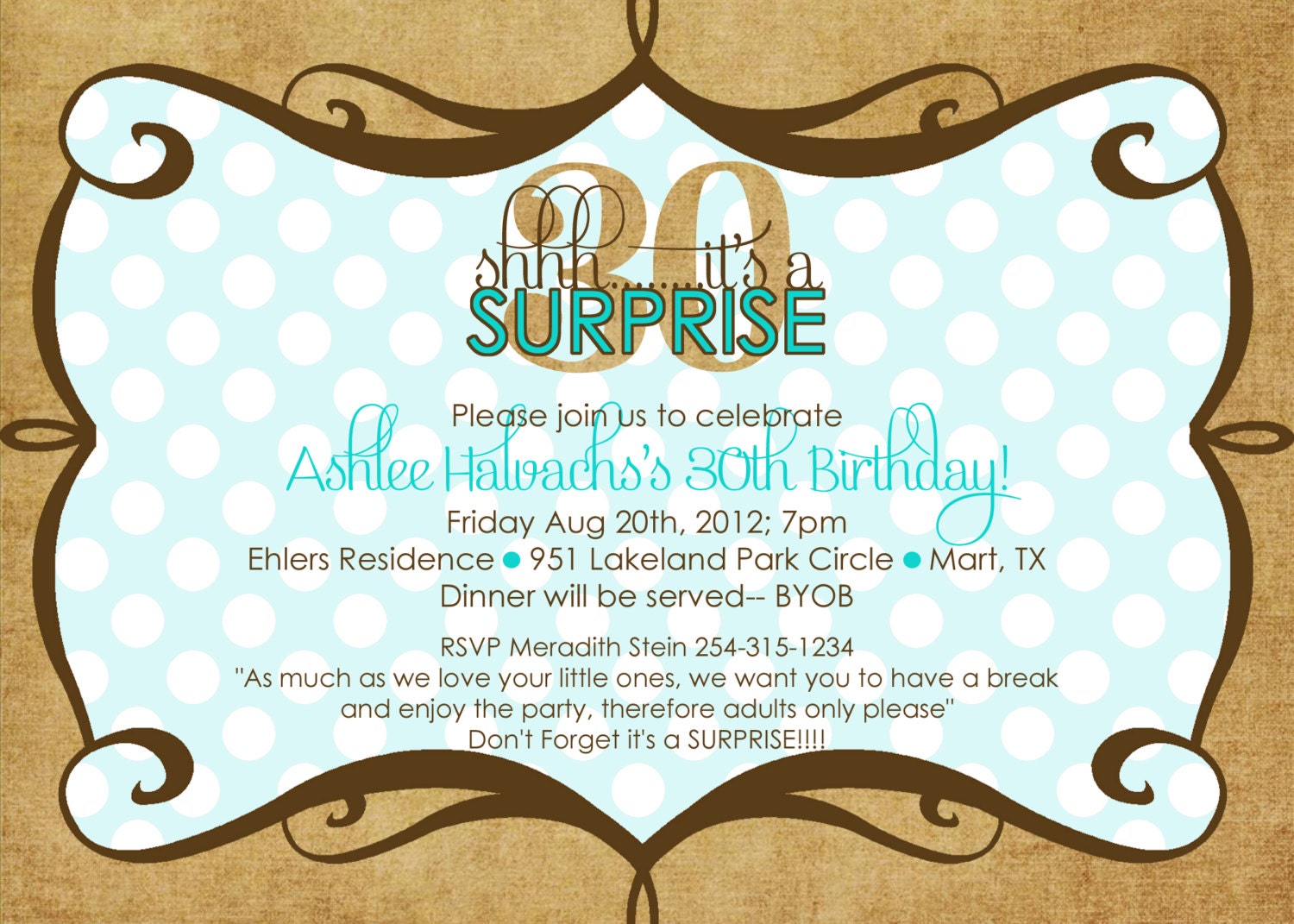 Burlap Surprise 30th Birthday, Girls Night Out Invitation - Cistomizable and PRINTABLE - Stripes or Polkas