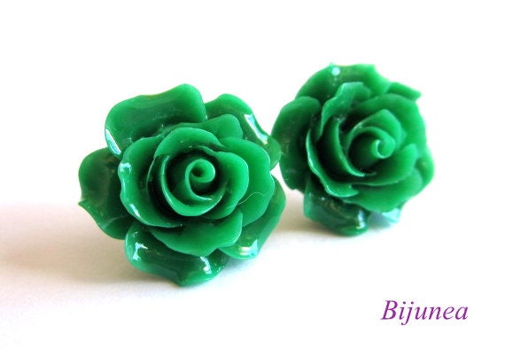 Rose earrings - Green rose stud earrings - Green flower posts - Green rose studs - Green rose post earrings sp327