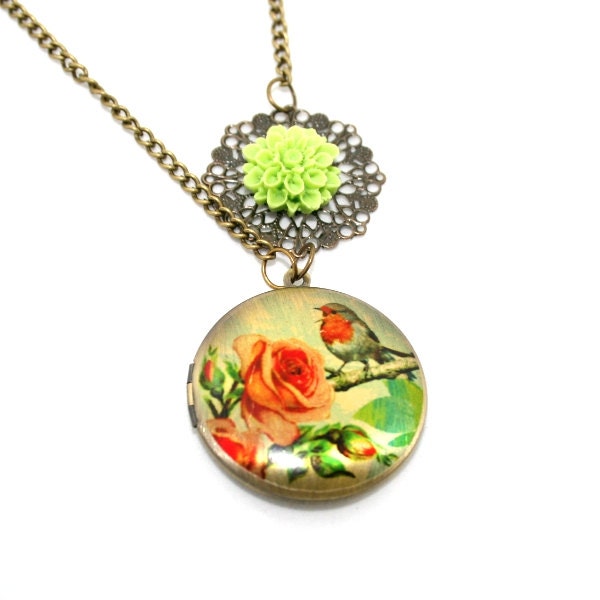 Red Robin and Rose Locket Necklace