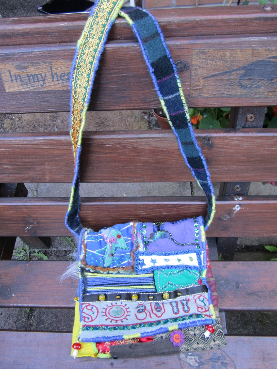 Shoulder bag patchwork and hand beaded lots of detail with tree of life patch, mushroom charms and jade flower OOAK