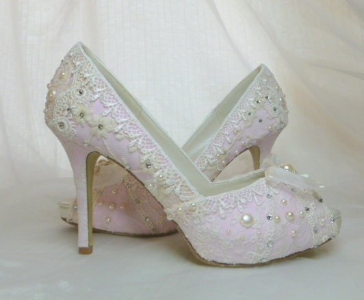 Lacey pale pink and ivory vintage lace Swarovski crystal and faux pearl adorned  bespoke bridal shoes