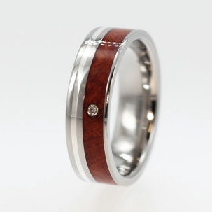 Wood Ring set with Diamond and inlaid with Palladium on a Titanium Ring