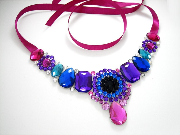Limited Edition Black, Royal Blue, Bright Purple, Aqua, Hot Pink, and Crystal AB Jewels Choker Statement Necklace