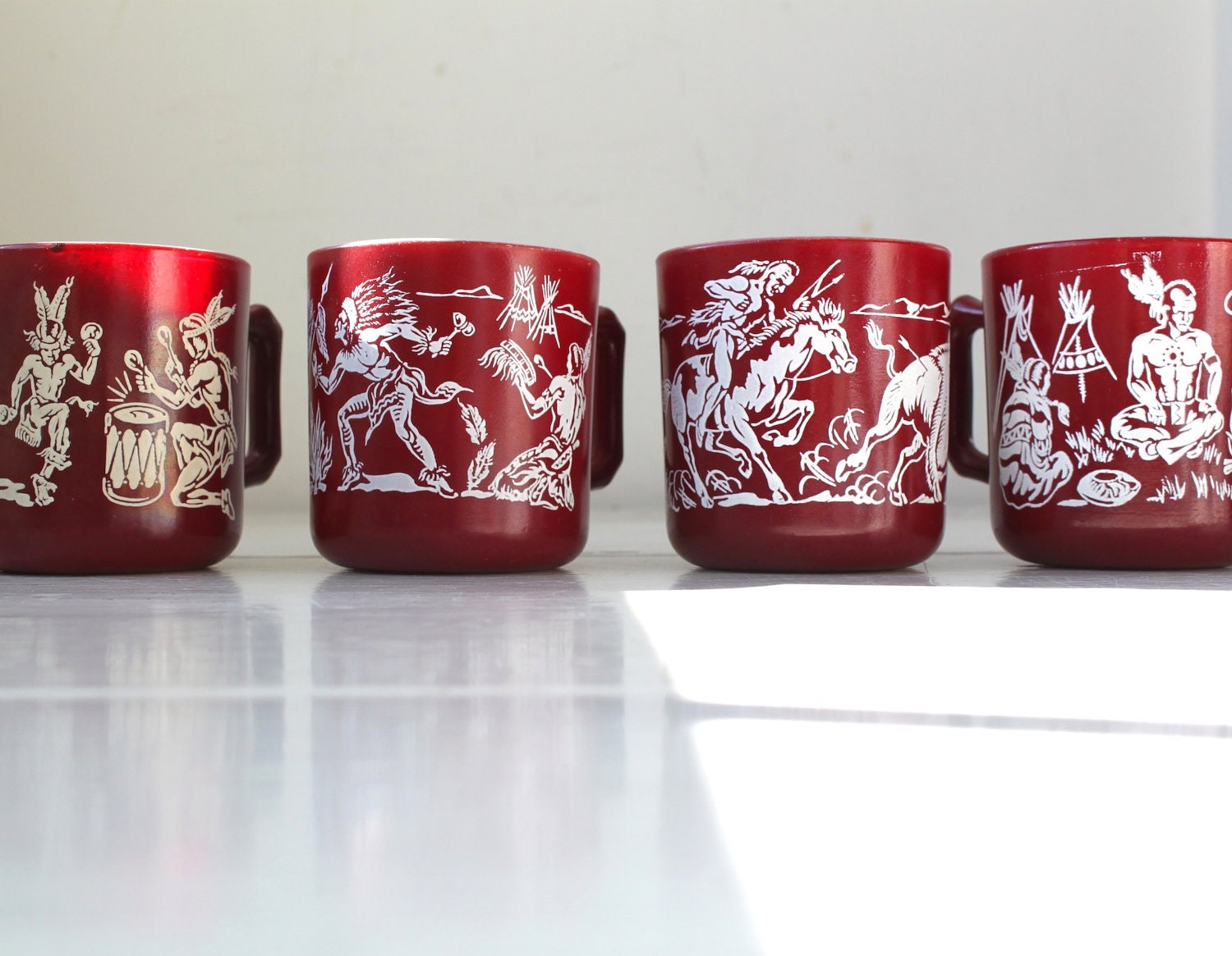 1950s vintage Hazel Atlas Children's Indian Mugs. 4 retro country western cups. Oxblood brown, white / the CHOCOLATE MILK mugs