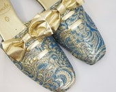 60s Shoes Vintage Brocade Gold Blue Bow Boudoir Slippers 6