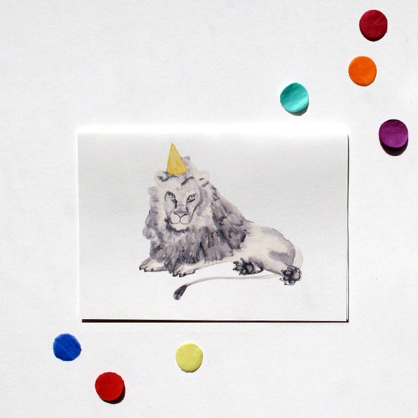 Illustrated blank A5 Card with Envelope - Watercolour, Pen and Ink - Party Animal - Lion with party hat