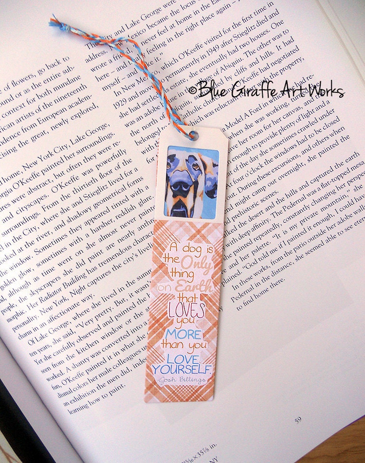 Handmade Bookmark featuring original portrait of a Great Dane and a Quote