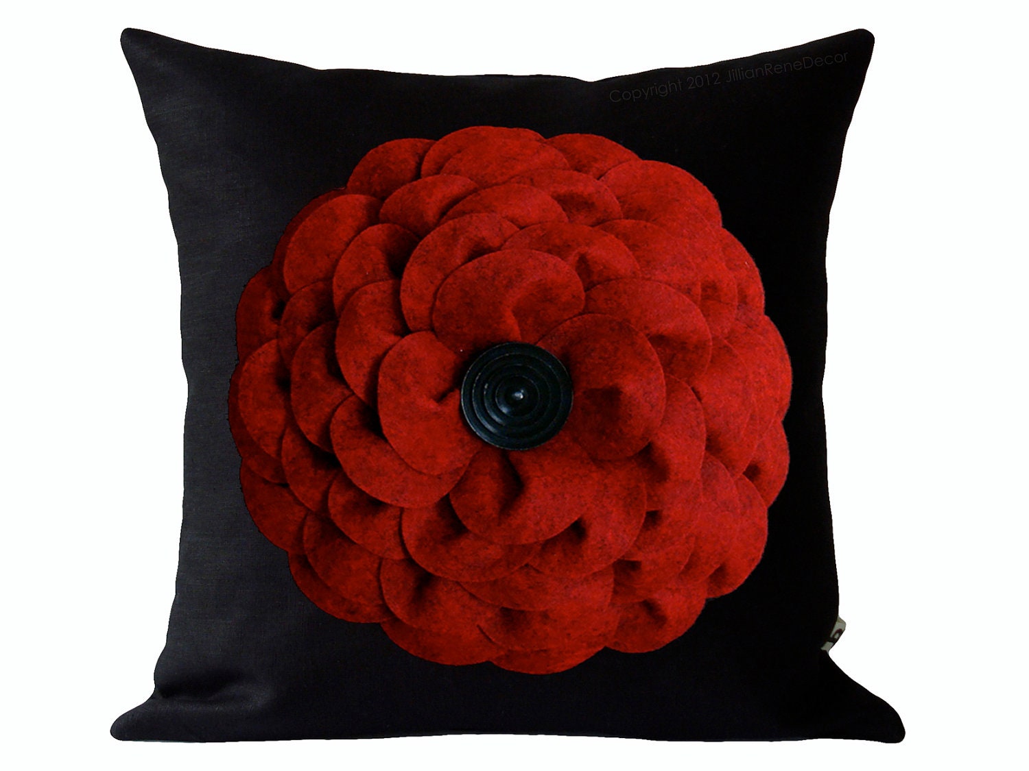 Large Red Felt Flower DESIGNER PILLOW COVER - Black Linen - Black Wood Retro Button by JillianReneDecor Decorative Home Decor Gift for Her