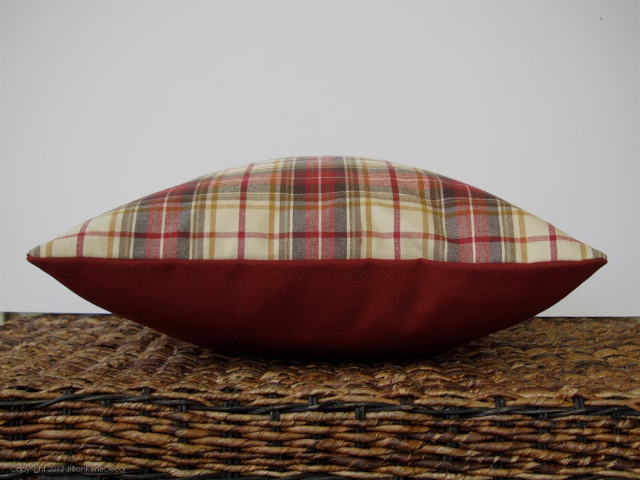 16" DECORATIVE PILLOW COVER - Winter Wool Plaid in Cranberry Red, Cream, Gold and Green by JillianReneDecor Country Autumn Home Decor - JillianReneDecor