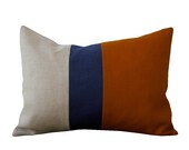 Rust Color Block Pillow with Navy and Natural Linen Stripes by JillianReneDecor (12x16) Modern Fall Home Decor Burnt Orange