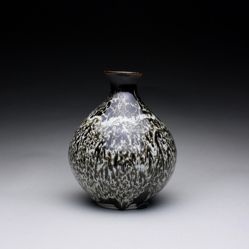 porcelain vase, sake bottle, ceramic bud vase with black temmoku and white glazes