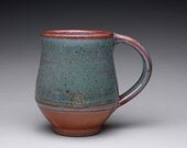 handmade ceramic mug, teacup, pottery cup with orange shino and green wood ash glazes